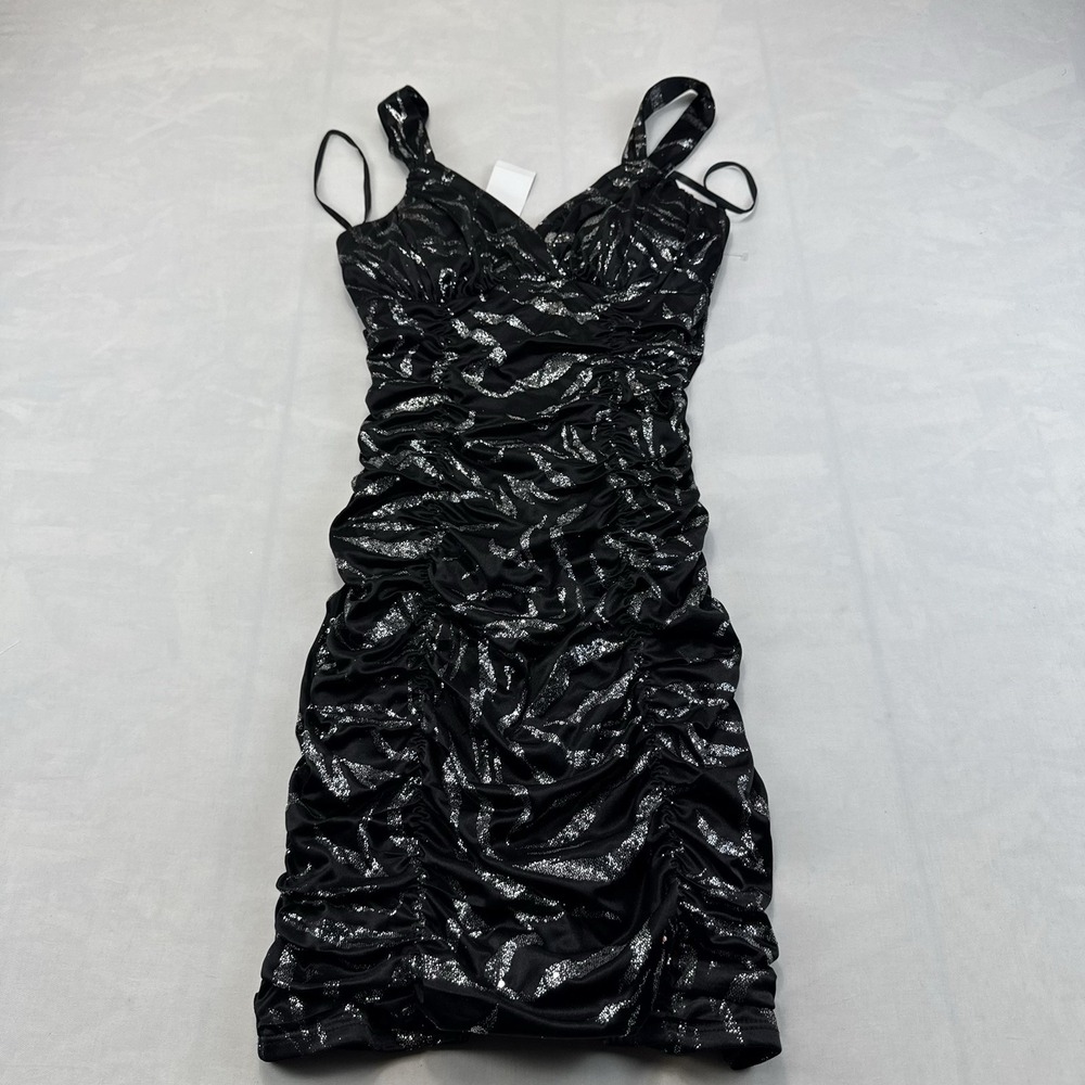 NWT DEB Womens Small Black Silver Metallic Ruched Bodycon Mini Dress